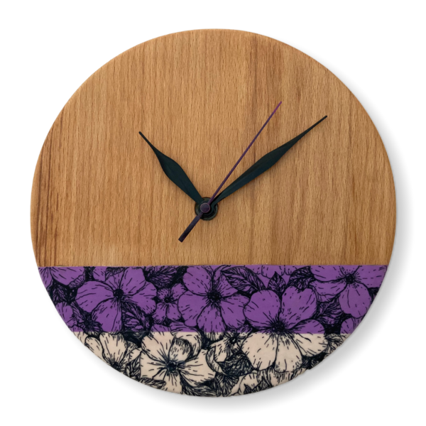 Purple-beige-flowers-wood-wall-clock
