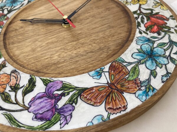 Teak-wood-wall-clock-botanical-drawings