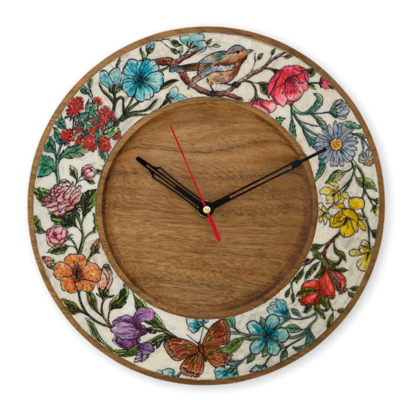 Teak-wood-wall-clock-botanical-drawings