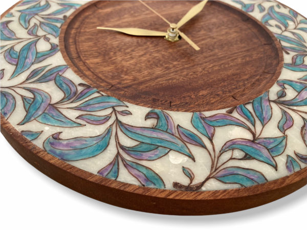 Wood-wall-clock-with-leaves-polymer-clay-inlaid-wood