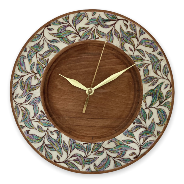 Beechwood-wall-clock-inlaid-with-polymer-clay-colorful-leaves